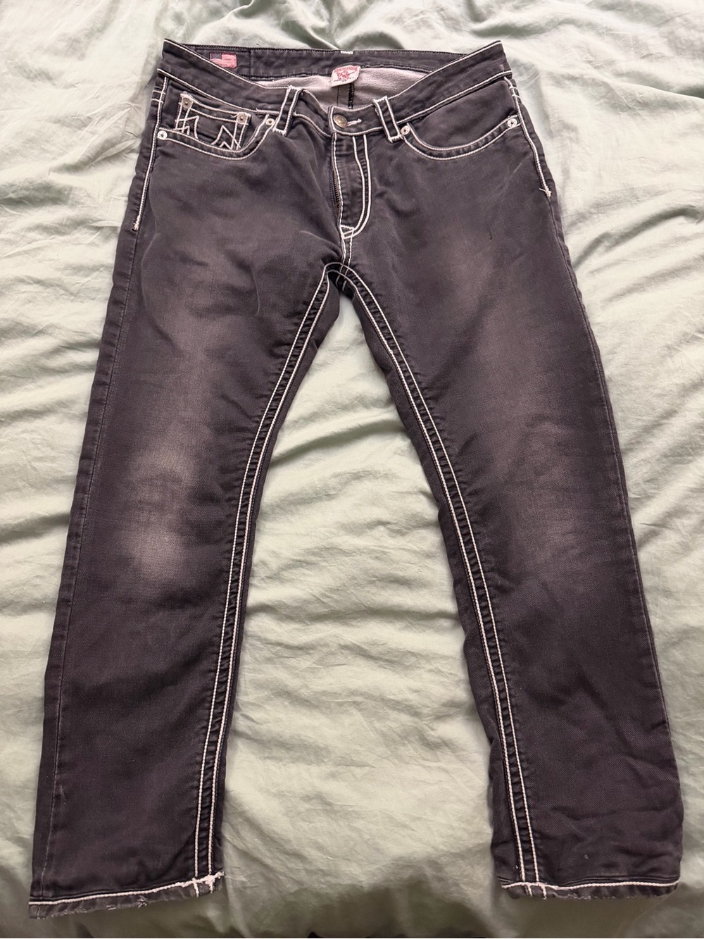True Religion Slim Black Jeans with White Contrast Stitching
